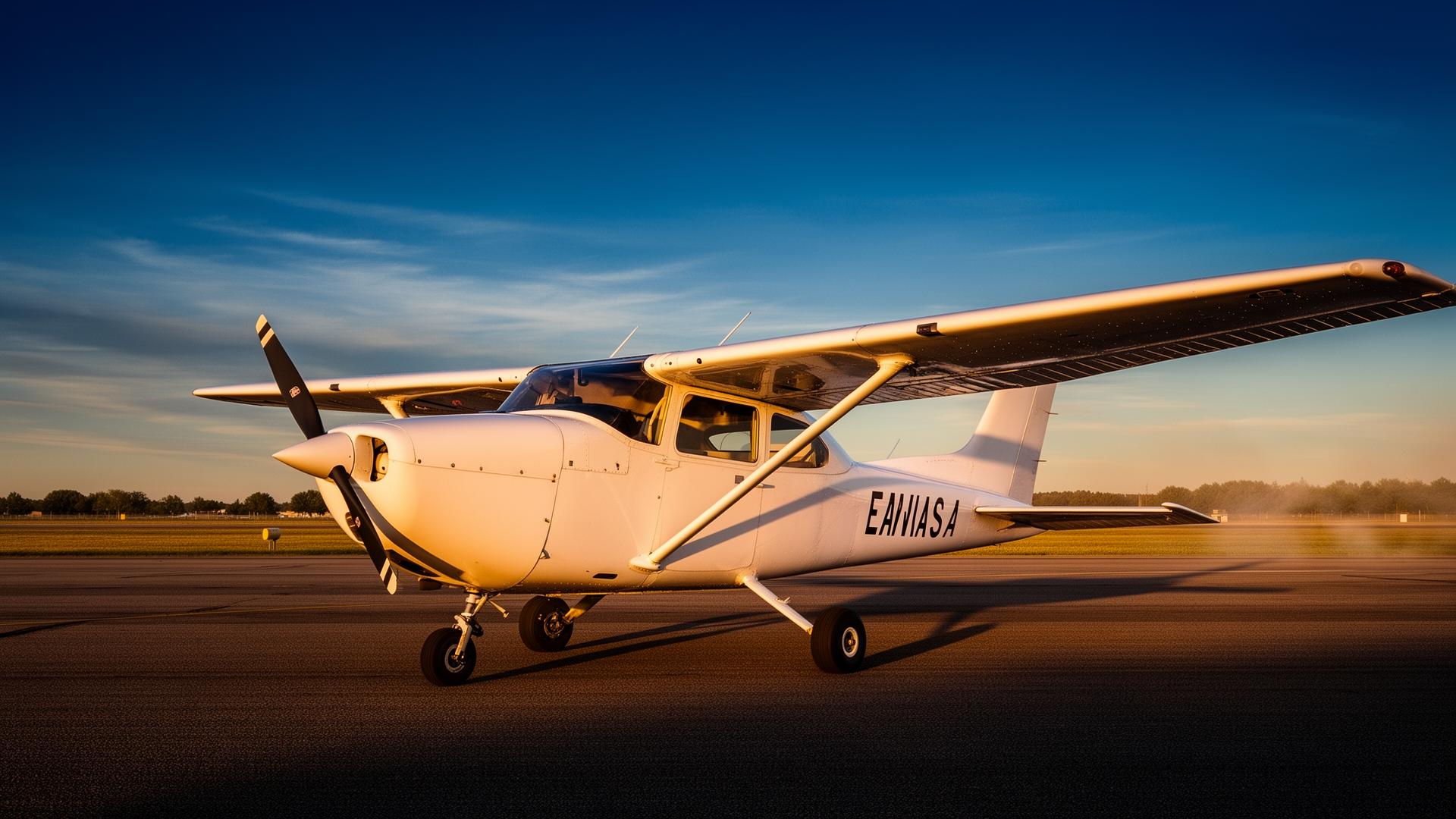 Cessna 172 on runway at golden hour